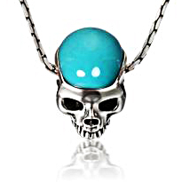 Necklace of Turquoise & 925 Sterling Silver Carved Crystal Skull Pendant with 925 Sterling Silver Chain
